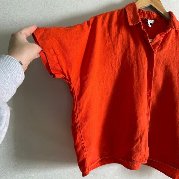 COS | Orange Linen Boxy Cropped Button Down Short Sleeve Shirt | Size 6 - Picture 3 of 5